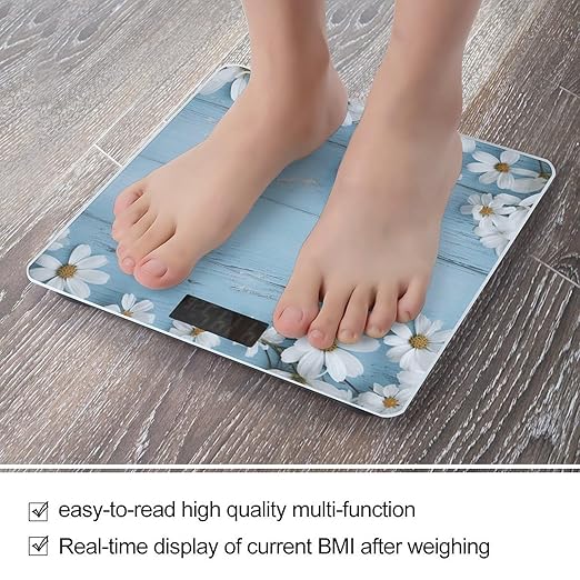 White Flowers Light Blue Wood Weight Scale Large Bathroom Scales Digital Weight with Bright LED Display Non Slip Automatic Weighing Scale Fashion Weighing Machine for Body