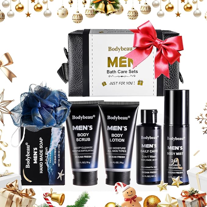 Men's Bath and Body Spa Gift Set - 7-Piece Kit with 3-in-1 Shower Gel 2-in-1 Handmade Soap and Travel Bag - Father's Day/Birthday Christmas Gifts for Dad Husband Boyfriend and Friends