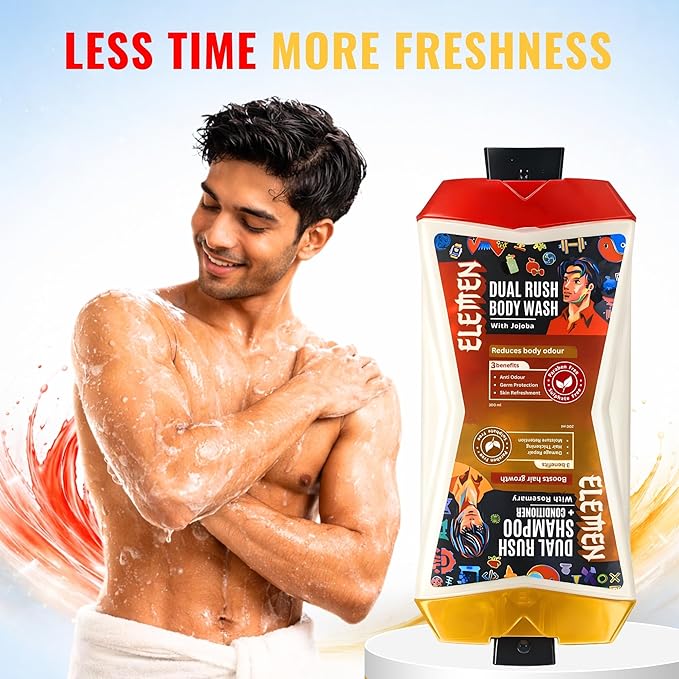 Elemen Dual Rush Flip Duo Bottle 500ml | Body Wash + Shampoo &amp Conditioner for Men | Daily Cleansing Body &amp Hair Care | Fresh &amp Strengthening Formula