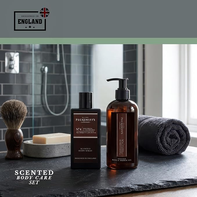Pecksniff’s Men’s Body Duo Set – Bourbon &amp Mandarin Scented Bath &amp Shower Gel 250ml &amp Body Spray 100ml – Luxury Grooming Gift Set for Him