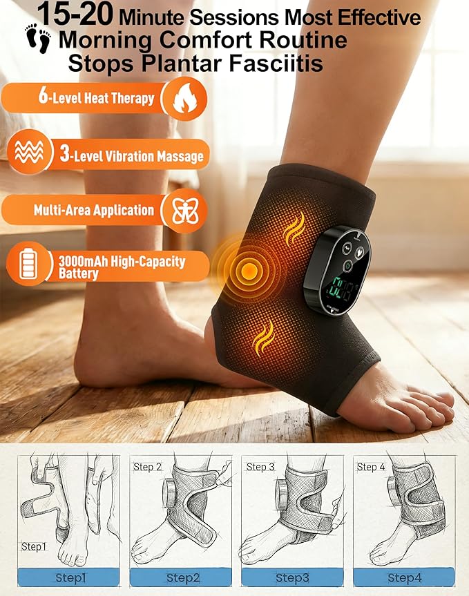 Foot Massager for Neuropathy Plantar Fasciitis Pain Relief Cordless Heated Vibrating Cloud-Soft Ankle Wrap Feet Massage Portable 2H Run Time 6 Heats 3 Modes Auto-Off Timer 1pcs