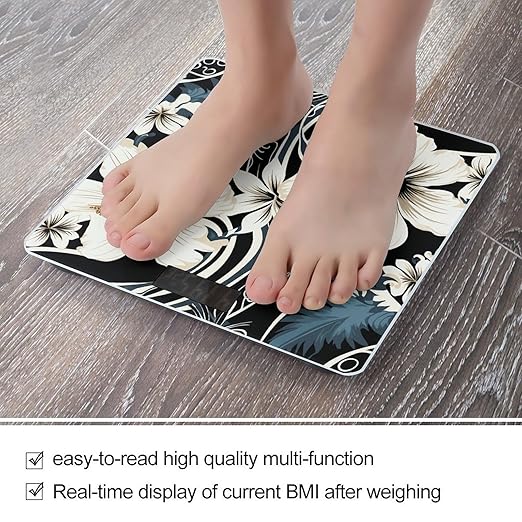 Digital Bathroom Scale for Body Weight Scale with Bright LCD Display High Accuracy Step-On Technology Auto On/Off Black and White Hawaiian Flowers Digital Scales 400 Lbs /180kg