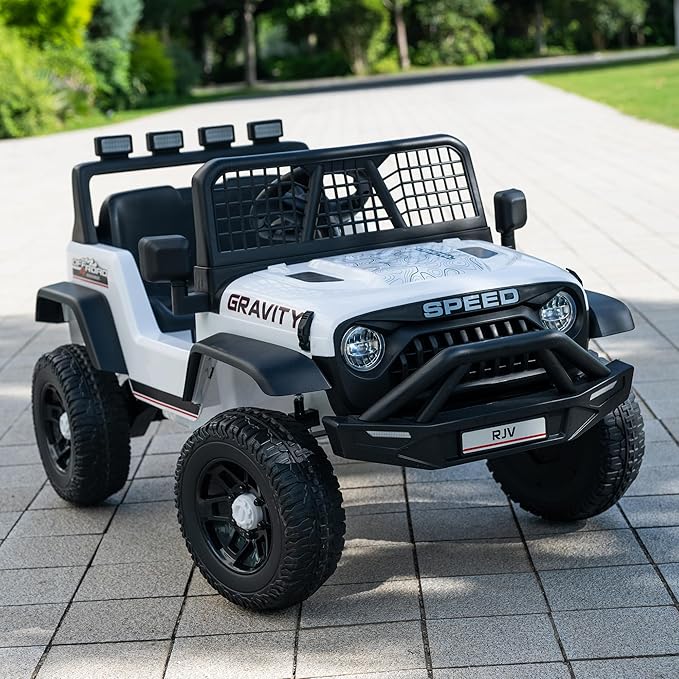 12V 7AH 4WD Kids Ride-On Truck Electric Off-Road Car with Remote &amp Pedal Control LED Lights Music USB Safety Belt 4-Wheel Suspension Adjustable Speeds Outdoor Gift for Boys Girls White