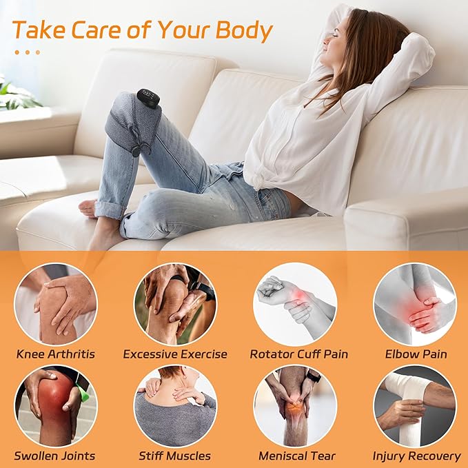 Knee Massager with Heat and Vibration Cordless Heating Pad for Knee 3-in-1 Massager for Knee Shoulder Elbow Portable Washable Heated Knee Brace for Arthritis with 2 Extension Straps