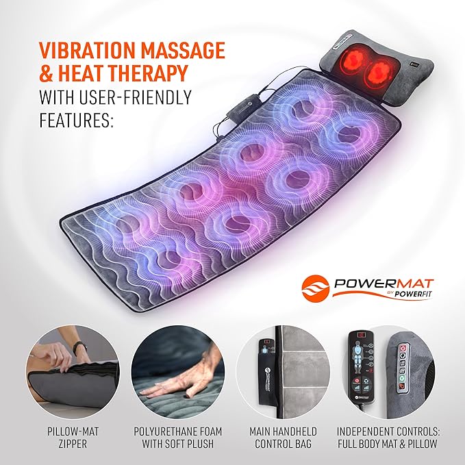 Powermat by Powerfit – Full Body Massage Mat with Detachable Massage Pillow 9 Intensity Levels 9 Massage Modes &amp 3 Heat Therapy Settings | Alleviates Muscle Pain Improves Circulation Stress Re