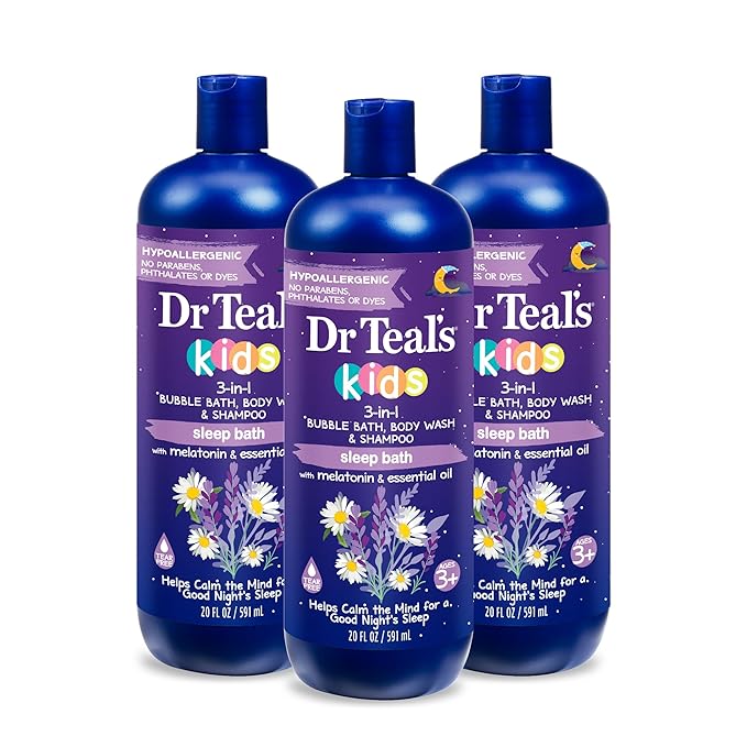 Dr Teal's Kids 3-in-1 Elderberry Bath: Bubble Bath Body Wash &amp Shampoo 20 fl oz. &amp Kids 3-in-1 Sleep Bath: Bubble Bath Body Wash &amp Shampoo with Melatonin &amp Essential Oil 20 fl oz (