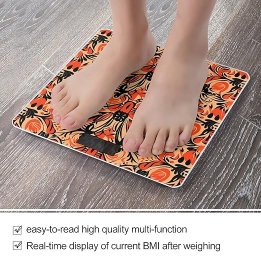 Orange Folk Pattern Scale for Body Weight Anti-Slip Digital Bathroom Scale Sturdy Toughened Glass Weighing Scales High Precision Safe Rounded Corners Smart Scales