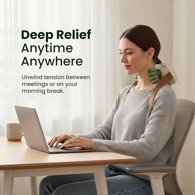 2025 New Neck &amp Shoulder Massager – Deep Tissue Portable Muscle Relaxer with Heat | Ergonomic Silicone Design for Pain Relief Tension Release &amp Travel-Friendly Recovery Device (Ivory &amp Sa