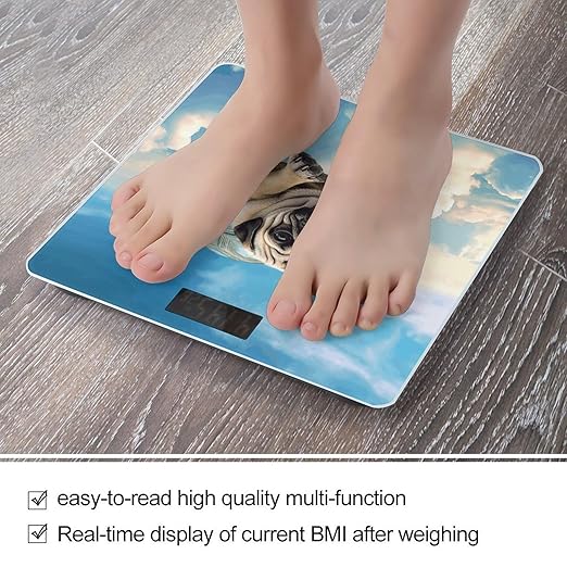 Funny Turtle Pug Dog in The Sky Weight ScaleClear LED Display Bathroom Digital Weighing ScaleTempered Glass Digital Bathroom Scale for Body Weight Capacity Up to 400 Lbs