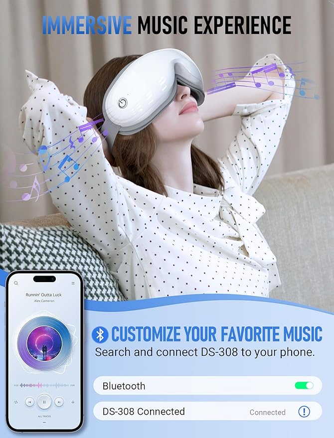Eye Massager with Bluetooth Music Heating &amp Vibration-Wireless Massage Mask for Relieving Dry Eyes Eye Strain &amp Headaches Promote Sleep 180° Foldable Travel Office Users