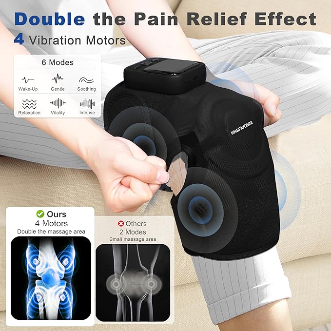 KingPavonini Cordless Knee Massager for Pain Relief Newly 4 Motors Vibration 5 Heat Levels 6 Massage Modes Knee Heating Pad for Knee Pain Heated Knee Massager Brace for Mom Dad (Black 1.0)