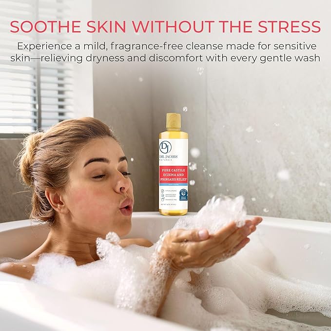Dr. Jacobs Naturals Hypoallergenic Castile Soap Dermatologist Tested Unscented Soap for Eczema &amp Psoriasis Relief - Sensitive Skin Body Wash Vegan &amp Gluten-Free Formula for All-Day Hydration