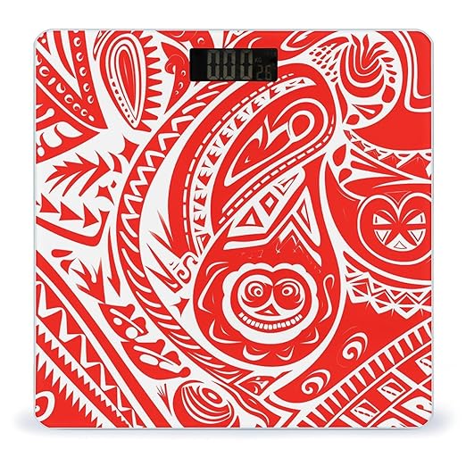 White and Red Tribal Pattern Scale for Body Weight Anti-Slip Tempered Glass Digital Bathroom Scales Clear LCD Display Weighing Scale Safe Rounded Corners Smart Scales