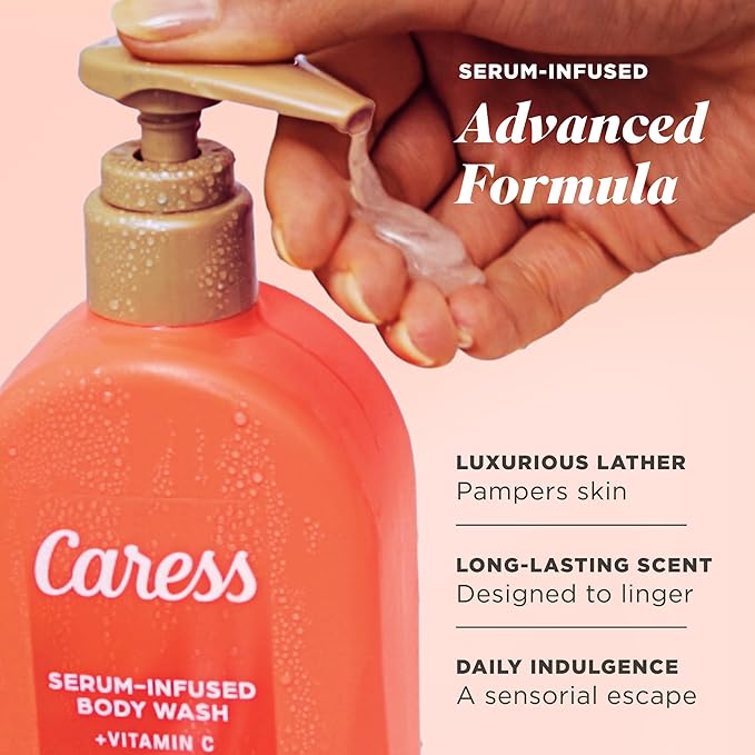 Caress Creamy Guava Nectar Moisturizing Body Wash with Pump Serum-Infused Formula with Vitamin C Fruity Citrus Woody Long Lasting Fragrance Dermatologist Tested 20 fl oz (4 Pack)