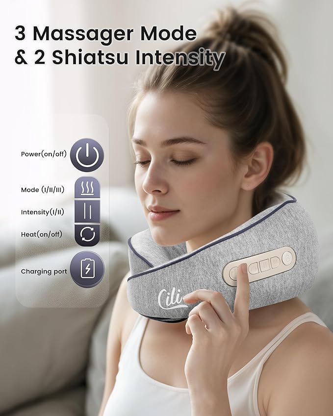CILI Cordless Neck Massager Pillow with Heat Shiatsu Neck Massager for Pain Relief Deep TissueHeated Massage Pillow for Travel3 Adjustable IntensityGifts for Women Men Mom Dad