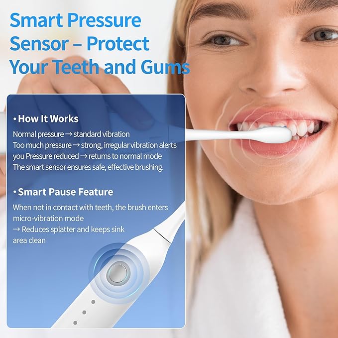 Sonic Vibrating Toothbrush with Pressure Sensor Rechargeable Tooth Brush with 8 Brush Heads 3 Modes 33000VPM 2-Min Timer One Charge Lasts for 30 Days 3D Rounded Soft Bristles IPX7 Waterproof