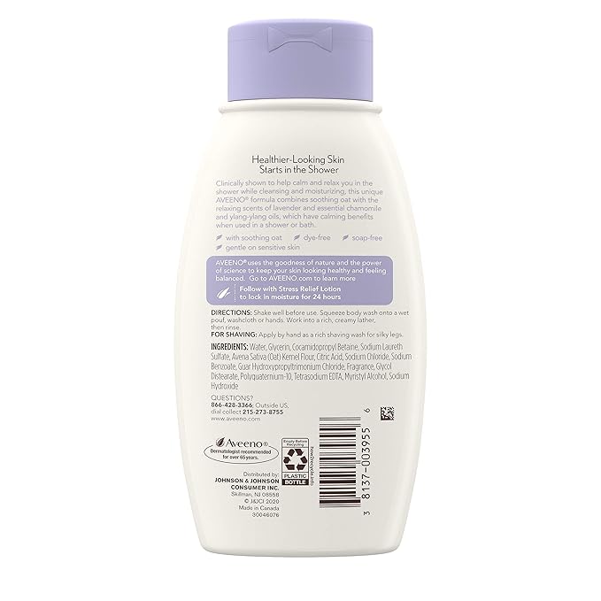 Aveeno Stress Relief Body Wash with Soothing Oat Lavender Chamomile &amp Ylang-Ylang Essential Oils Hypoallergenic Dye-Free &amp Soap-Free Calming Body Wash 12 fl. Oz (Pack of 3)