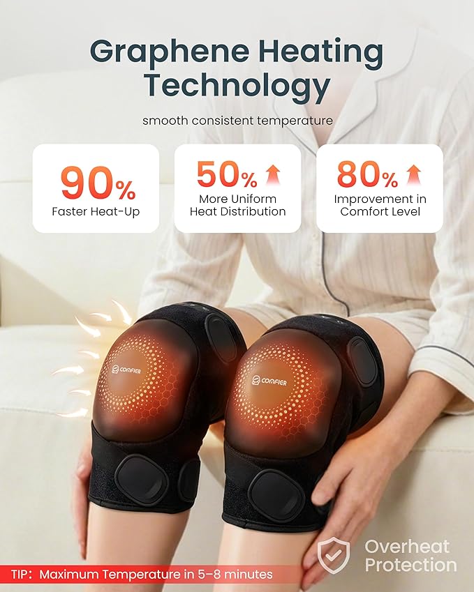 COMFIER Cordless Heated Knee Massager with Vibration Knee Brace with Graphene Heating Pad 5 Modes &amp 3 Heat Levels Portable Knee Massager for Men Women Seniors Gift for Mom Dad