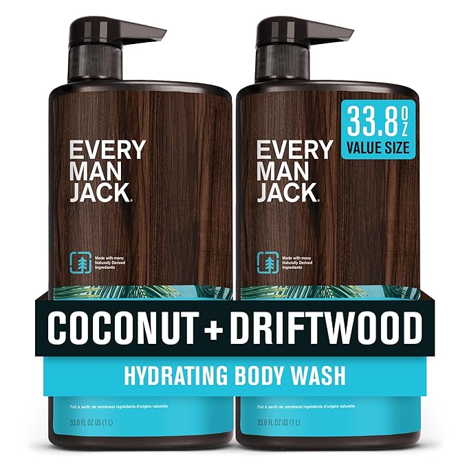 Every Man Jack Coconut + Driftwood Mens Body Wash for All Skin Types - Cleanse Hydrate and Smell Great - Free of Parabens Phtalates and Dyes - 33.8 fl oz (2 Pack)