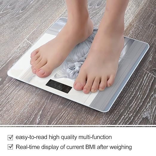 Long Haired Cat Digital Bathroom Scale for Body Weight with High Precision Digital Weighing Scale with BMI Clear LCD Display and Step-On Measures Weight Up to 180kg