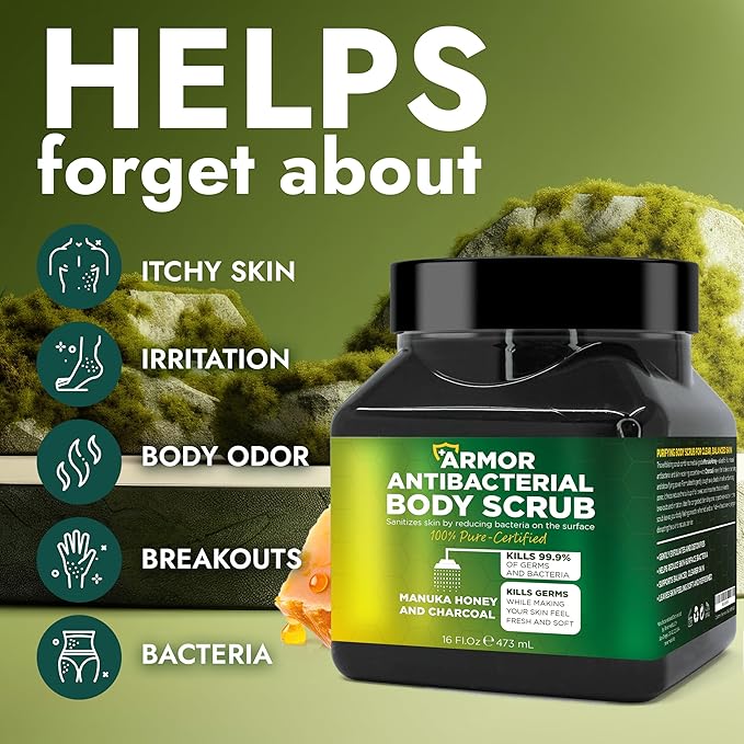 Antibacterial Body Scrub | Manuka Honey &amp Charcoal | Kills 99.9% of Germs &amp Bacteria | Body Scrub Exfoliator Deep Cleansing &amp Purifying for Smooth Fresh &amp Soft Skin | 16 fl oz