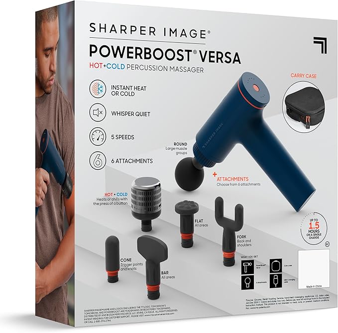 Sharper Image Deep Tissue Percussion Massage Gun Powerboost Versa Hot &amp Cold Rechargeable Handheld Massager 5 Adjustable Speeds 6 Attachment Heads &amp Carrying Case for Muscle Pain Relief B