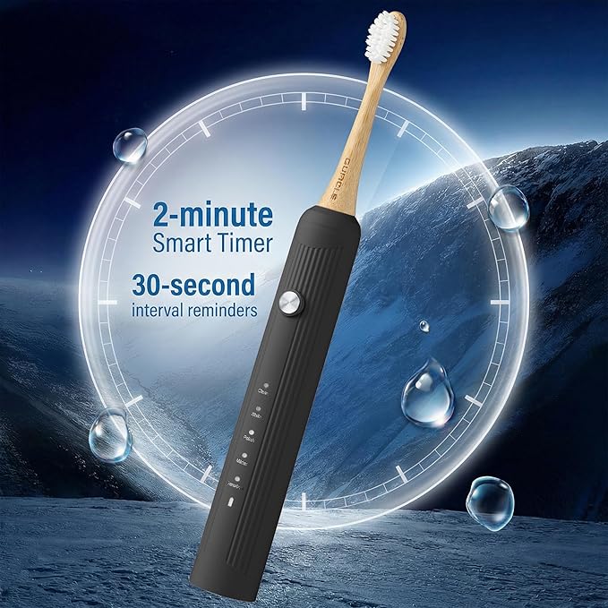 Bamboo Electric Toothbrush for Adults Electric Toothbrush with 4 Bamboo Heads Soft Castor Oil Bristles 5 Modes Smart Timer Sonic Technology IPX7 Waterproof 70-Day Battery Life-Black