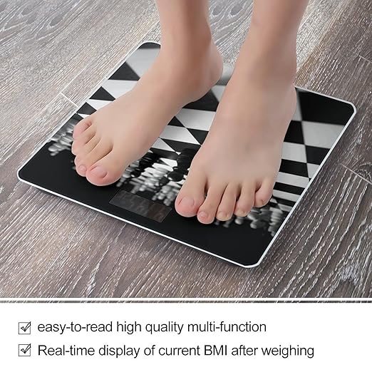 Black White Chess Checkerboard Scale for Body Weight Safe Rounded Corners Tempered Glass Digital Bathroom Scale LED Display 400lb Capacity Weight Scales with High Precision Sensors