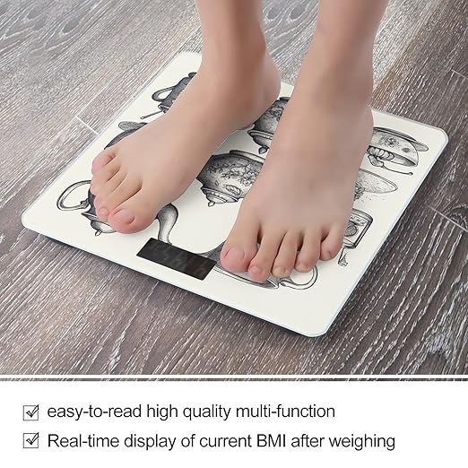 Hand Drawn Teapots and Cups Scale for Body Weight Anti-Slip Tempered Glass Digital Bathroom Scales Clear LCD Display Weighing Scale Safe Rounded Corners Smart Scales