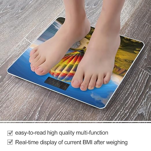 Hawaii Hot Air Balloon Bathroom Scale Automatic Power On/Off Body Scales LCD Backlight Display Square Digital Scale Rounded Corners Bathroom Scales for Home Bedrooms