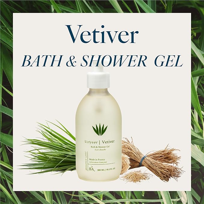 Provence Sante Cleansing Bath &amp Shower Gel - Moisturizing Almond Oil Body Wash for Dry Skin - Nourishing Aromatic Vetiver Scent - Made in France - 10.2 Oz