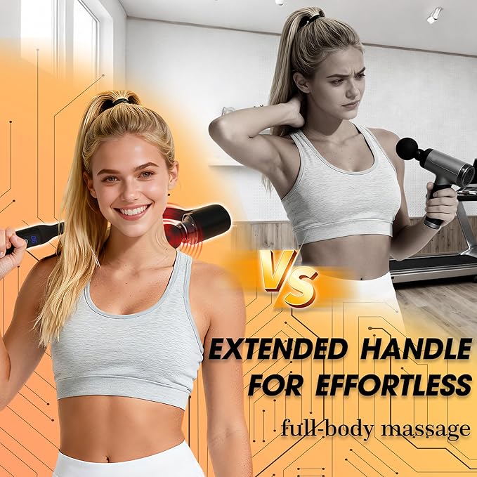 Massage Gun with Upgraded Extension Handle Back Massager for Pain Relief Massage Gun Deep Tissue with 4 Massage Heads Handheld Massager for Neck Shoulders Waist Arm Legs Black
