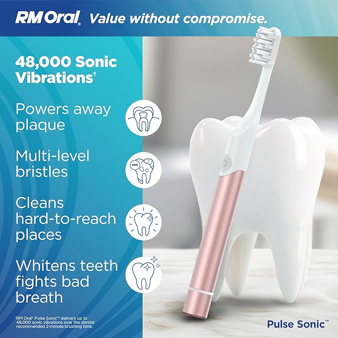 RM Oral Pulse Sonic Powered Toothbrush with 48000 Sonic Vibrations Metal Handle Soft Bristles Travel Case 2 Modes for Whitening &amp Plaque Removal 2-Minute Smart Timer Rose Gold
