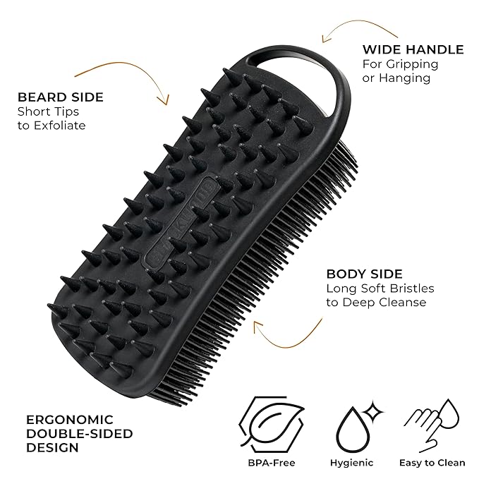 Blackwood For Men Pure Moisture Body Wash (7oz) + Double Duty Beard &amp Body Scrubber Bundle - Natural Vegan Formula for Sensitive Skin and Workout Recovery - Dual-Sided Men's Shower Tool
