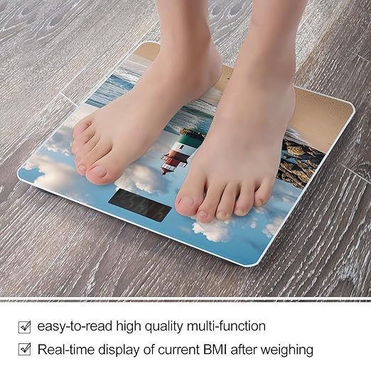Sea Lighthouse Sandbeach Bathroom Scale for Body Weight Bathroom Weighing Scales with Back Lit LED Display Sturdy Tempered Glass Body Weight Bathroom Scale 400lb Weighing