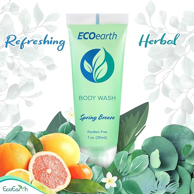 EcoEarth Travel Size Body Wash (1 fl oz 200 PK Spring Breeze) Delight Your Guests with a Revitalizing and Refreshing Hotel Body Wash Quality Mini and Small Size Guest Hotel Toiletries in Bulk