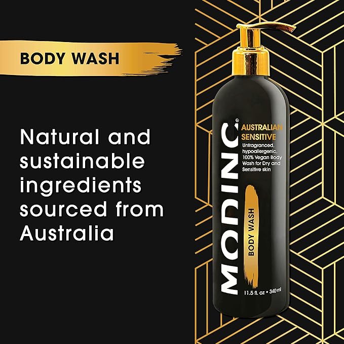 Modinc Luxury Body Wash Australian Sensitive Formula Unfragranced Hypoallergenic 100% Vegan Body Wash for Dry and Sensitive Skin Cruelty Free Pump 11.5 Ounces