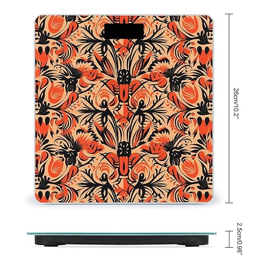 Orange Folk Pattern Scale for Body Weight Anti-Slip Digital Bathroom Scale Sturdy Toughened Glass Weighing Scales High Precision Safe Rounded Corners Smart Scales