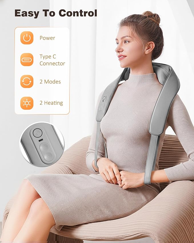 KNQZE Neck and Shoulder Massager with Heat Cordless Back and Neck Massager Upgraded Graphene Heating 4D Shiatsu Deep Kneading Massage for Shoulder Back Pain Relief (Gray)