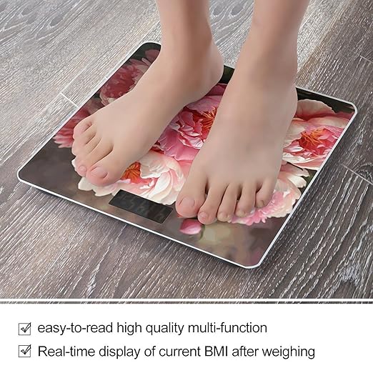 Peony Flowers Blossom Bathroom Scale Large LCD Backlight Display Digital Scale Rounded Corners Body Scales Automatic Power On/Off Bathroom Scales for Home Bedrooms