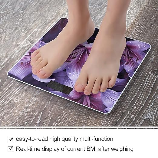 Purple Lily Flowers Scale for Body Weight Anti-Slip Digital Bathroom Scale Sturdy Toughened Glass Weighing Scales High Precision Safe Rounded Corners Smart Scales
