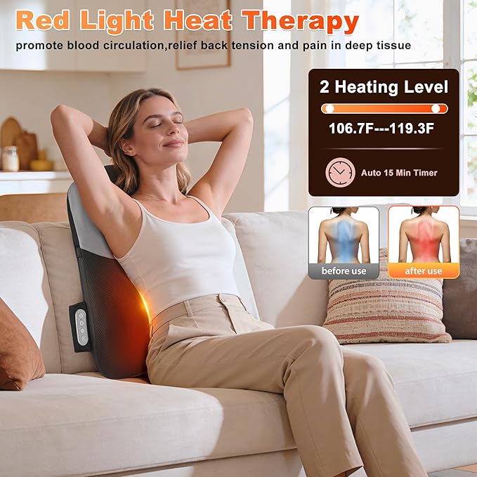 Back Massager for Pain Relief Deep Tissue Rolling Up and Down Shiatsu Back and Neck Massager with Heat 4D Kneading and Car Adapter for Home Office and Car use Gifts for Men and Women