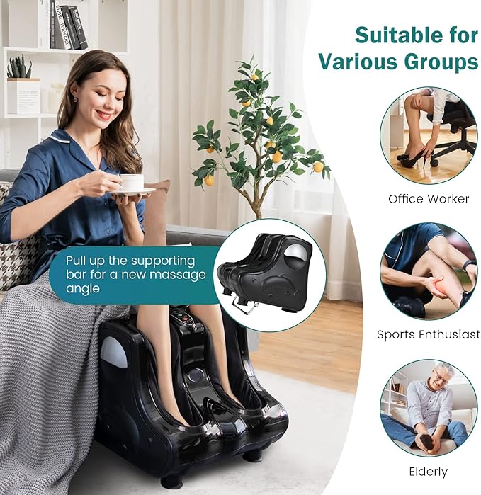 RELAX4LIFE Foot and Calf Massager Shiatsu Foot Massager Machine w/Heating Kneading Vibration Rolling Adjustable Speed &amp Tilt Base Leg Massager for Pain Relief (Black)
