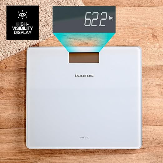 Taurus Inception Digital Bathroom Scale Slim Design 28 x 28 cm Tempered Glass Ultra Strong Glass kg/lb Easy to Read Display Max 180 kg/min 3 kg Non-Slip Feet Blue