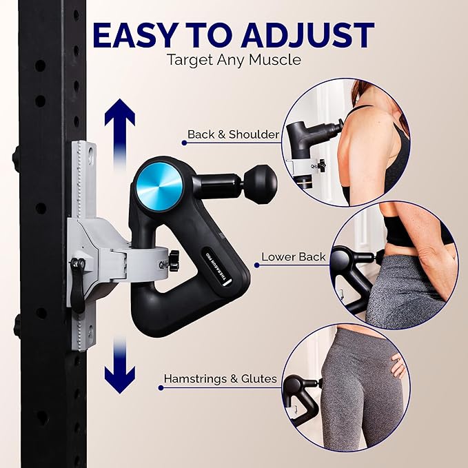 Massage Gun Holder - Power Rack Mounted - Fully Adjustable - Holds Firm Never Moves or Slips - Hands Free Back Massager - Rack Attachments - Massage Gun Attachments