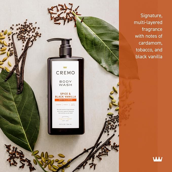 Cremo Rich-Lathering Spice &amp Black Vanilla Body Wash for Men Notes of Spices Dark Woods and Black Vanilla 32 Fl Oz(Pack of 2)