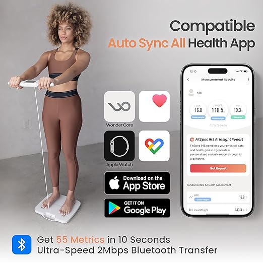 Wonder Core FitSpec - Smart Scale with AI Analysis 55 Metrics Body Composition for Body Fat BMI Muscle Mass 8 Electrodes Digital Bathroom Scale for Body Weight Color TFT LCD