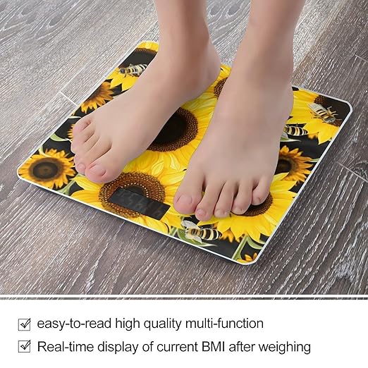 Sunflower Bees Bathroom Scale Large LCD Backlight Display Digital Scale Rounded Corners Body Scales Automatic Power On/Off Bathroom Scales for Home Bedrooms