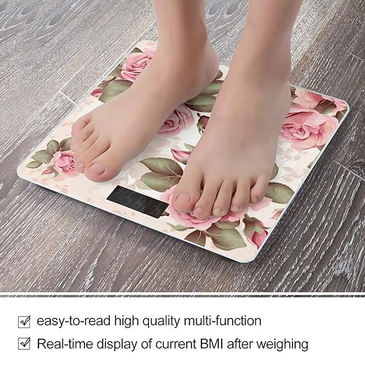 Pink Rose Floral Weight Scale Large Bathroom Scales Digital Weight with Bright LED Display Non Slip Automatic Weighing Scale Fashion Weighing Machine for Body