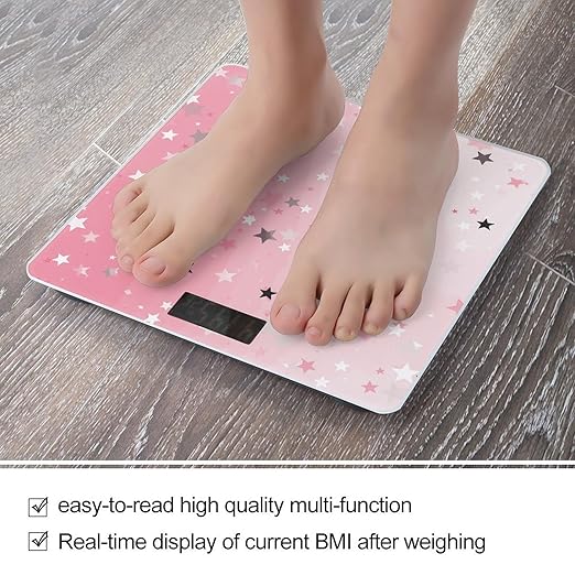 Pink White Stars Scale for Body Weight Anti-Slip Digital Bathroom Scale Sturdy Toughened Glass Weighing Scales High Precision Safe Rounded Corners Smart Scales